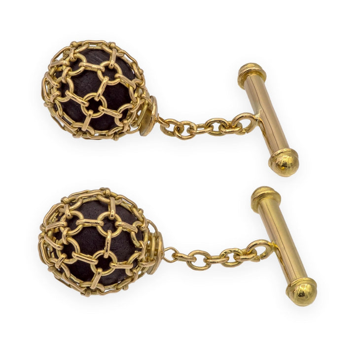 Vintage 18K Yellow Gold Lattice Ball & Dark Wood Cufflinks Ca. 2000