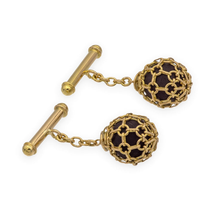 Vintage 18K Yellow Gold Lattice Ball & Dark Wood Cufflinks Ca. 2000