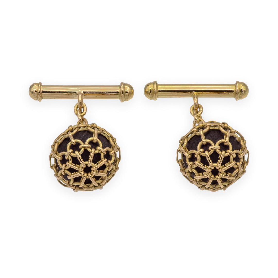 Vintage 18K Yellow Gold Lattice Ball & Dark Wood Cufflinks Ca. 2000