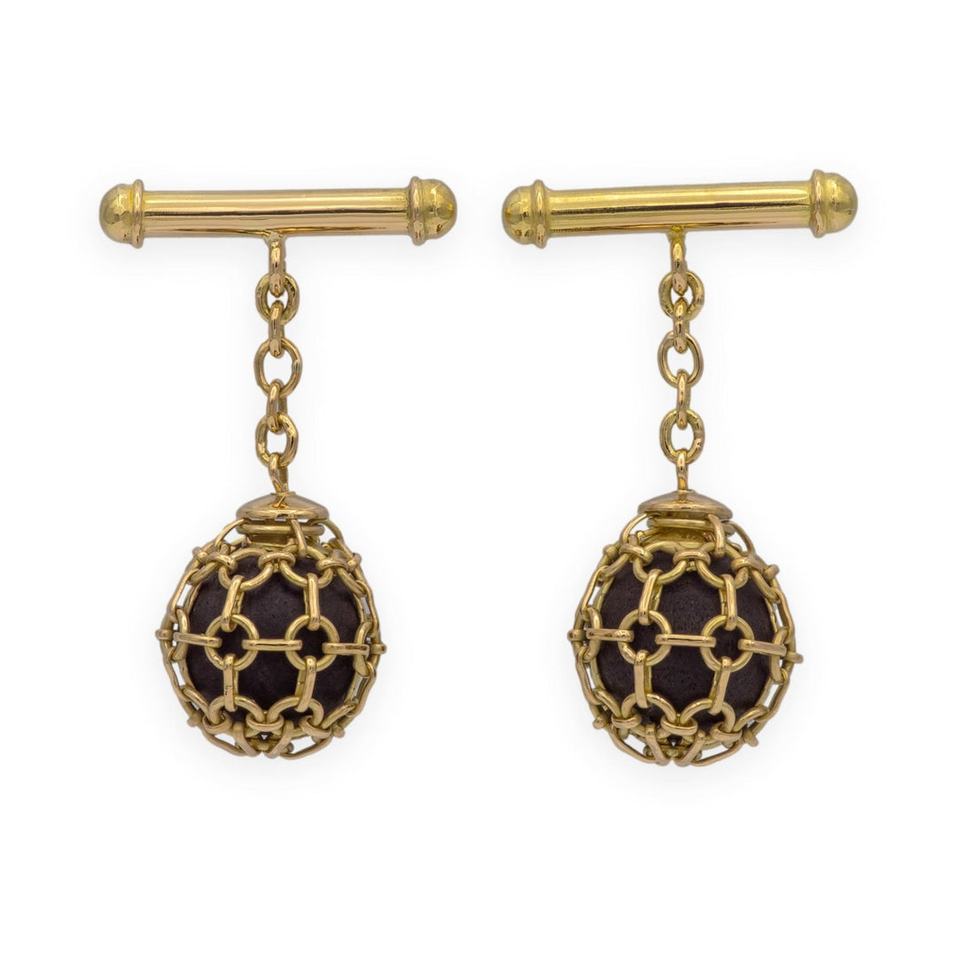 Vintage 18K Yellow Gold Lattice Ball & Dark Wood Cufflinks Ca. 2000