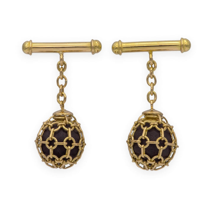 Vintage 18K Yellow Gold Lattice Ball & Dark Wood Cufflinks Ca. 2000