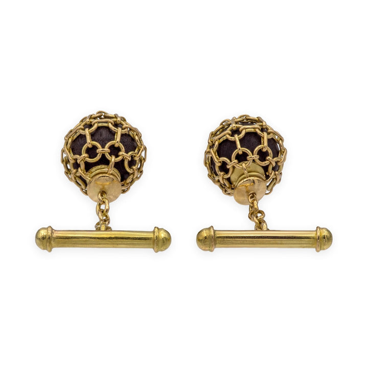 Vintage 18K Yellow Gold Lattice Ball & Dark Wood Cufflinks Ca. 2000