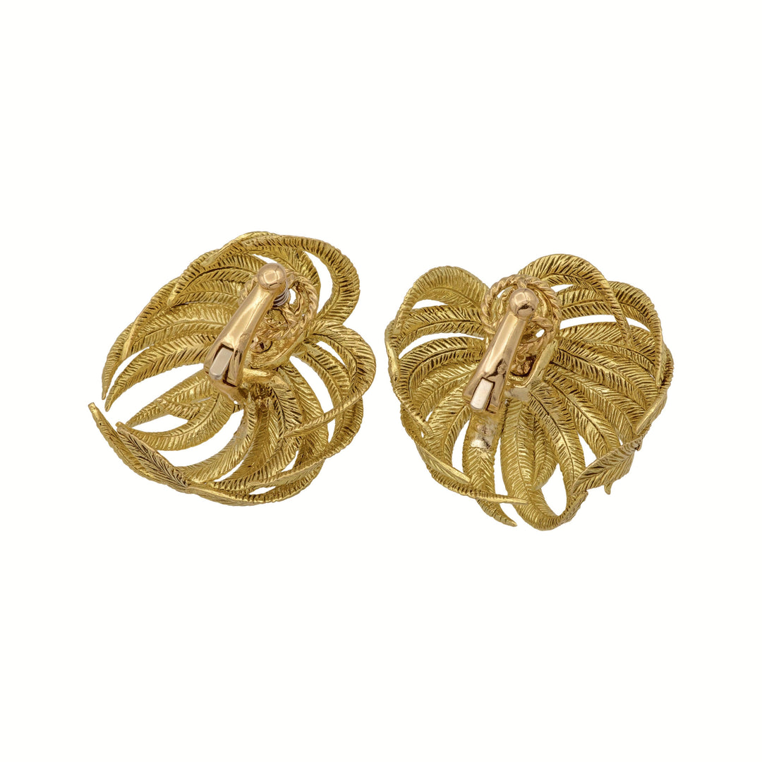 Vintage 18K Yellow Gold Palm Leaf Motif Ear-Clips – 1950s French Craftsmanship