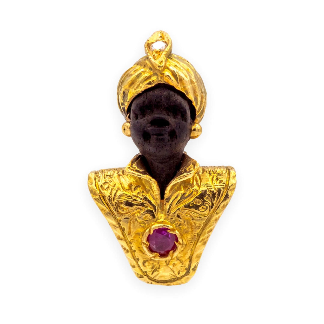 Vintage Blackamoor Gold, Ruby & Diamond Tie Tack  14K & 18K Yellow Gold