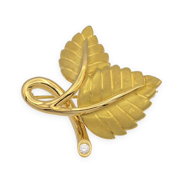 Vintage Tiffany & Co. 18K Yellow Gold Double Leaf Brooch with Diamond Accent