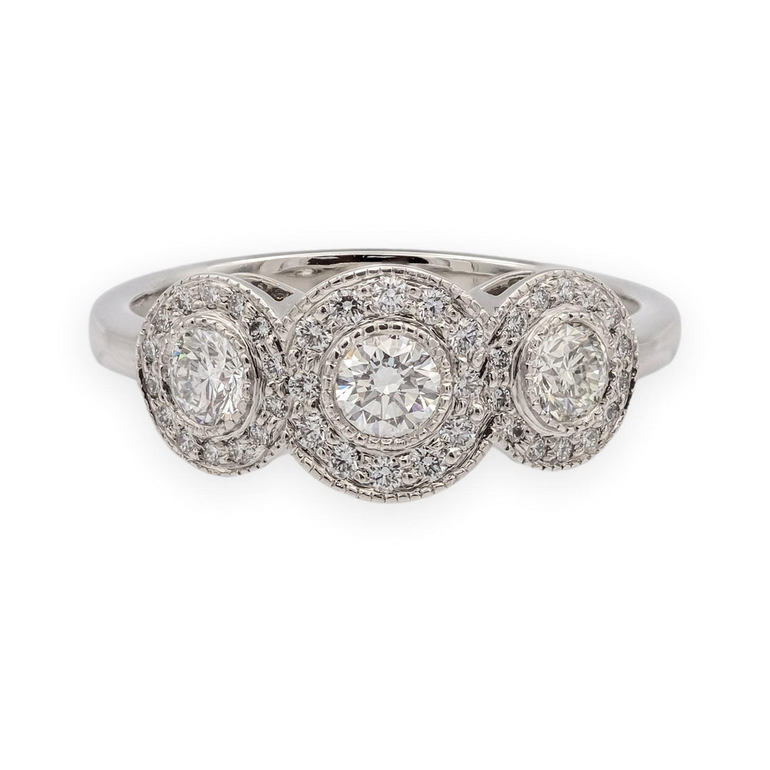 Tiffany & Co. Platinum Circlet 3-Stone Halo Diamond Ring – .90 Ct Total Weight