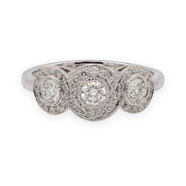 Tiffany & Co. Platinum Circlet 3-Stone Halo Diamond Ring – .90 Ct Total Weight