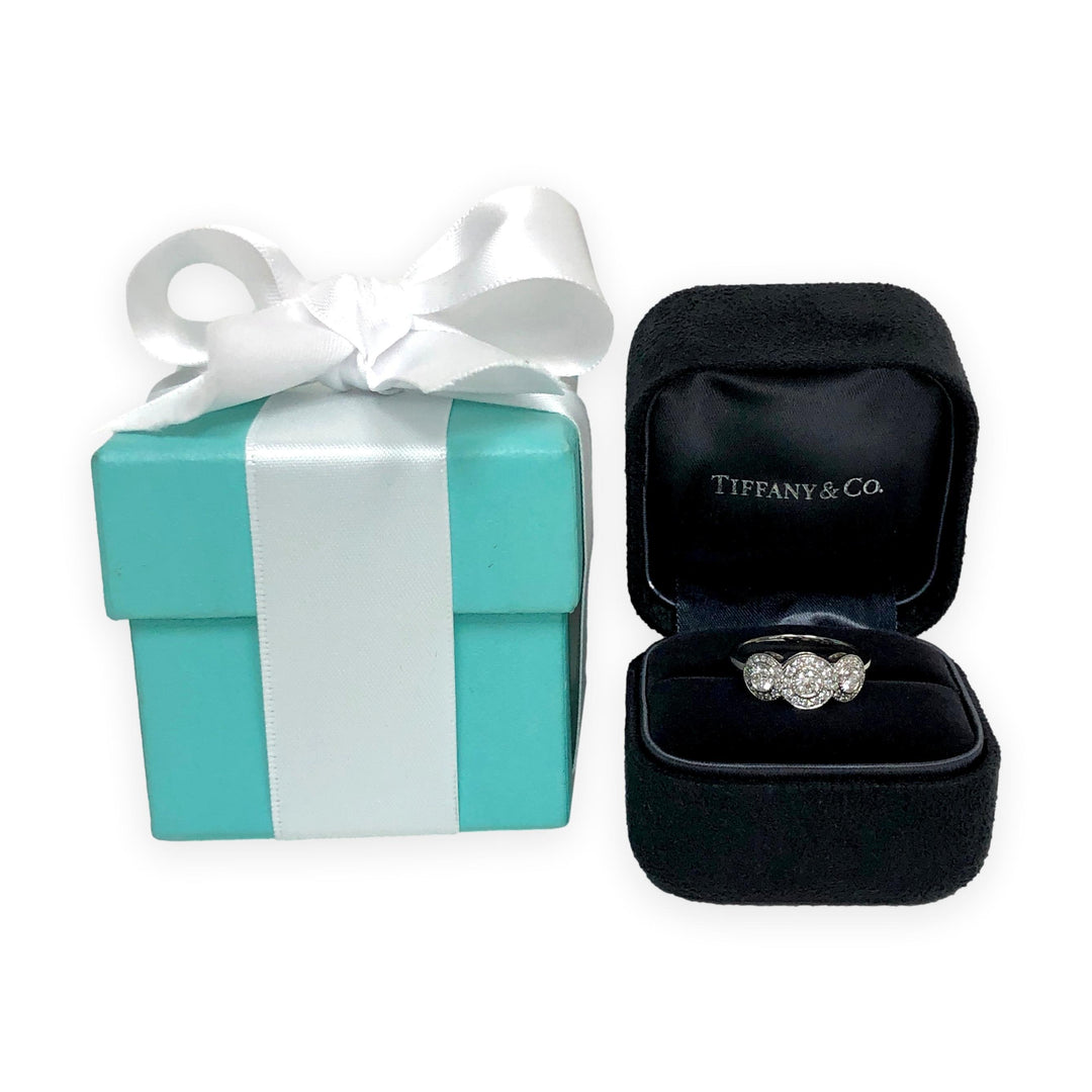 Tiffany & Co. Platinum Circlet 3-Stone Halo Diamond Ring – .90 Ct Total Weight