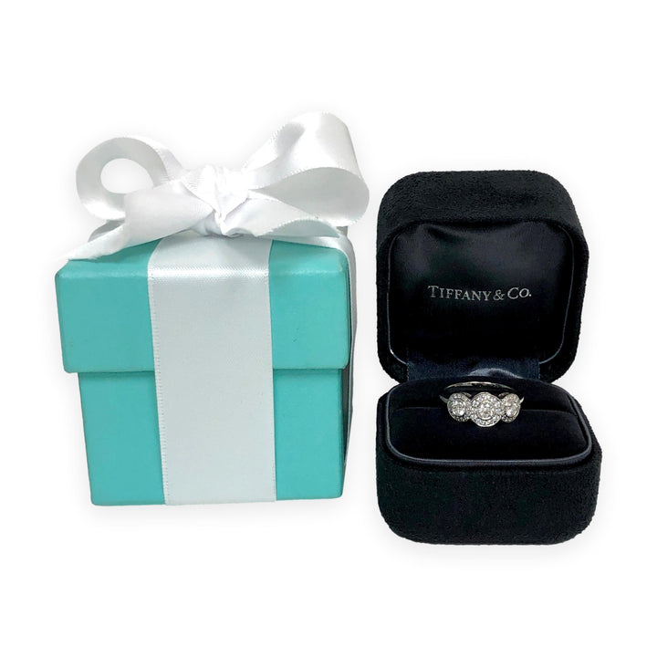 Tiffany & Co. Platinum Circlet 3-Stone Halo Diamond Ring – .90 Ct Total Weight