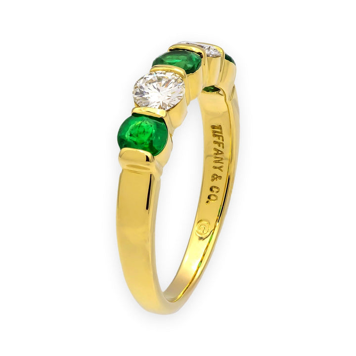 Tiffany & Co. Vintage 18K Yellow Gold Emerald and Diamond 5 Stone Band Ring 4mm
