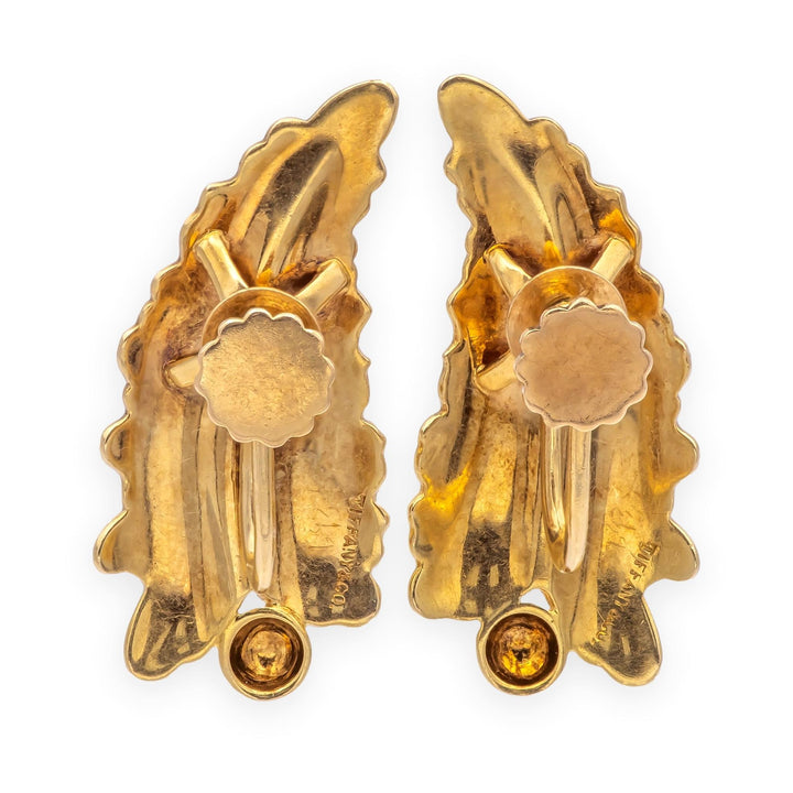 Mid-Century Tiffany & Co. 14K Yellow Gold Sculpted Leaf Motif Earrings – 1950s
