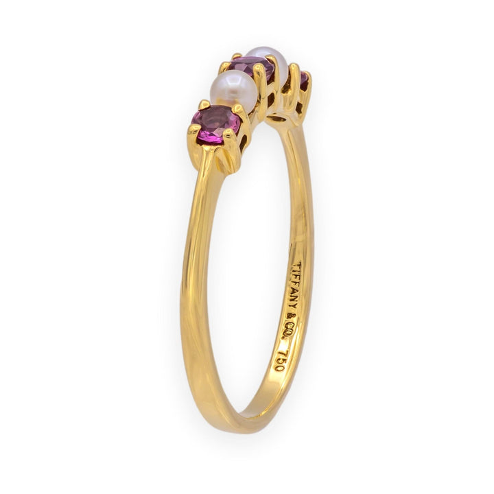 Tiffany & Co. 18K Yellow Gold Ruby and Pearl Five-Stone Band Ring, Vintage