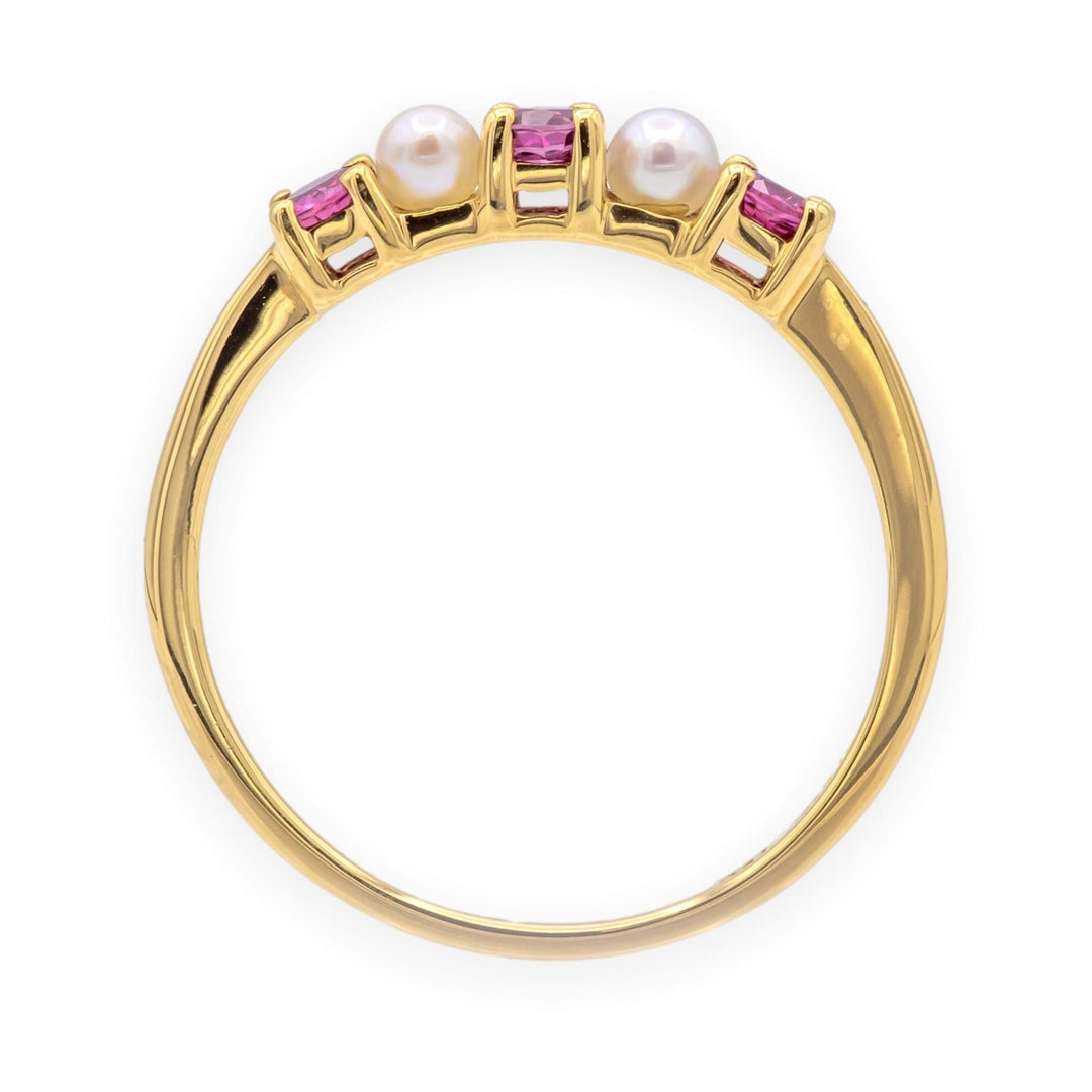 Tiffany & Co. 18K Yellow Gold Ruby and Pearl Five-Stone Band Ring, Vintage