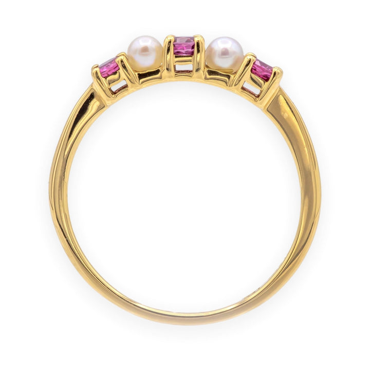 Tiffany & Co. 18K Yellow Gold Ruby and Pearl Five-Stone Band Ring, Vintage