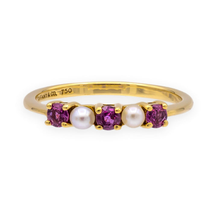 Tiffany & Co. 18K Yellow Gold Ruby and Pearl Five-Stone Band Ring, Vintage