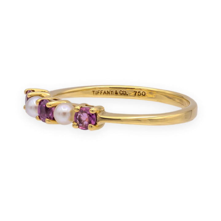Tiffany & Co. 18K Yellow Gold Ruby and Pearl Five-Stone Band Ring, Vintage