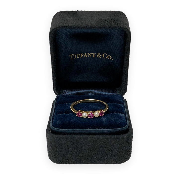 Tiffany & Co. 18K Yellow Gold Ruby and Pearl Five-Stone Band Ring, Vintage