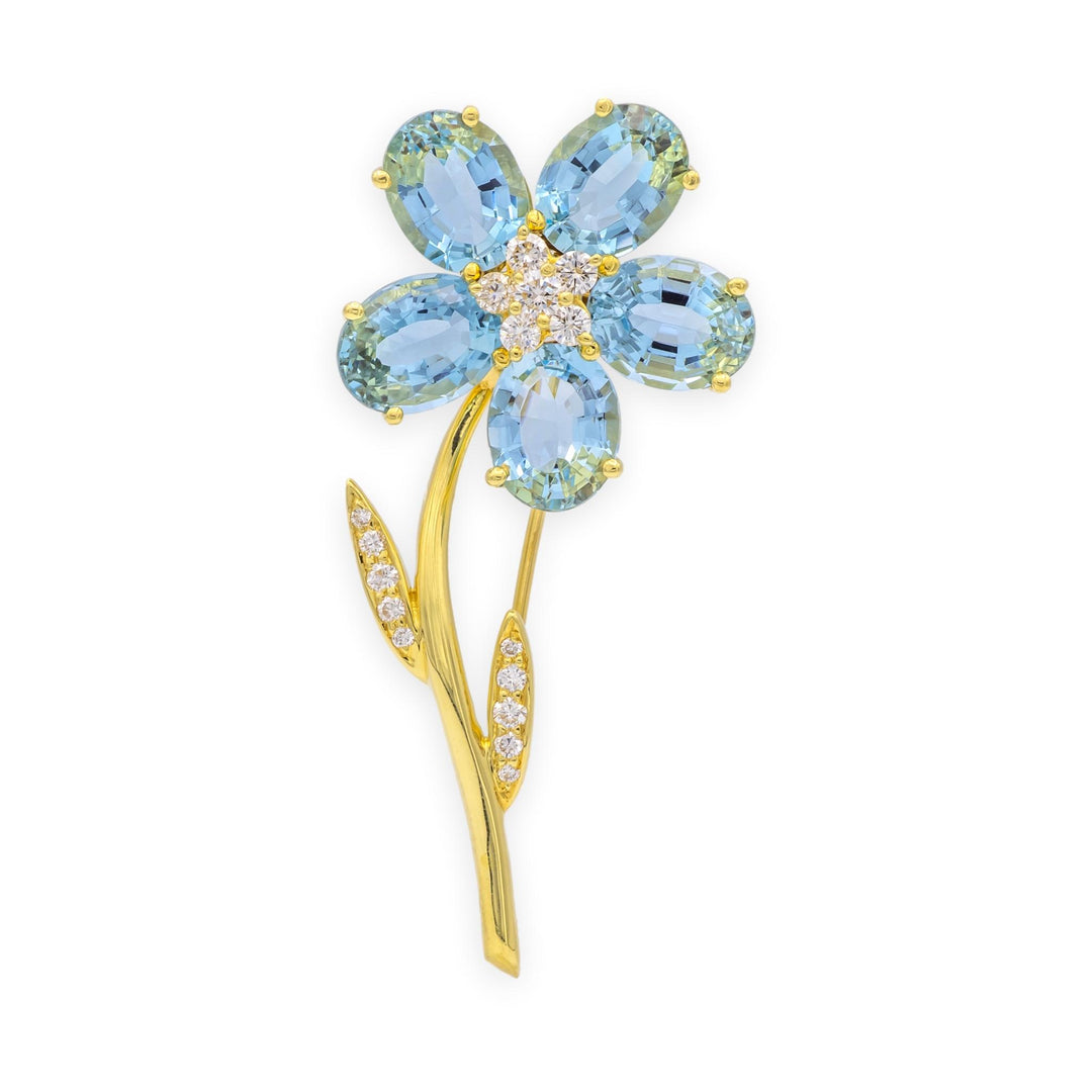 Vintage Tiffany & Co 18K Yellow Gold Aquamarine + Diamond Flower Brooch Ca. 1980