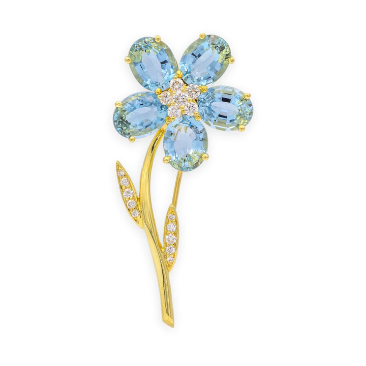 Vintage Tiffany & Co 18K Yellow Gold Aquamarine + Diamond Flower Brooch Ca. 1980