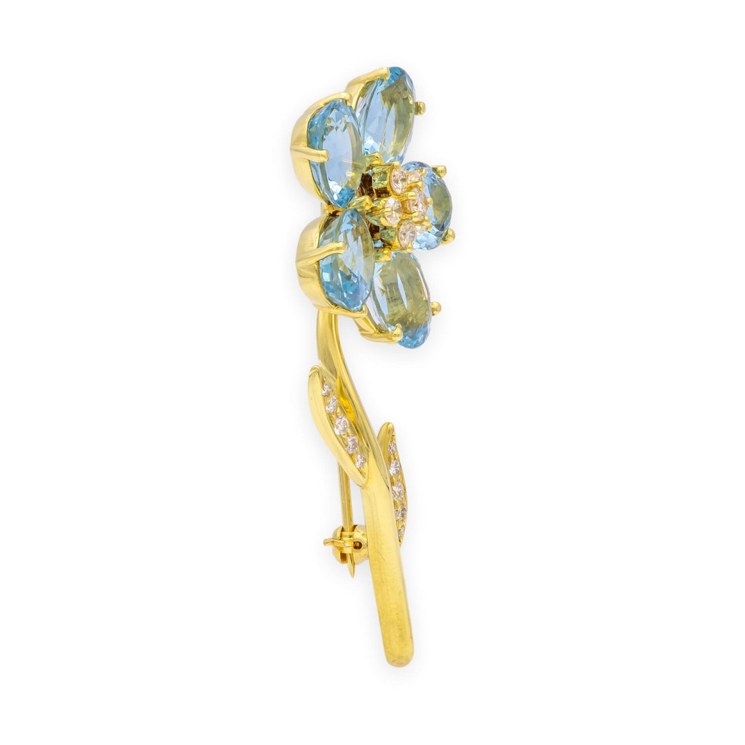 Vintage Tiffany & Co 18K Yellow Gold Aquamarine + Diamond Flower Brooch Ca. 1980