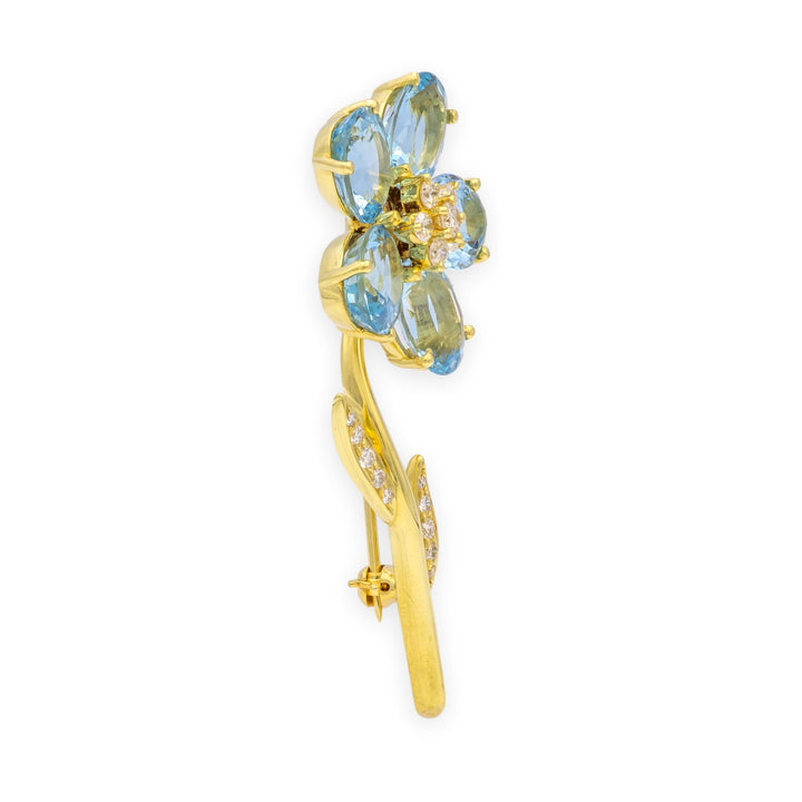 Vintage Tiffany & Co 18K Yellow Gold Aquamarine + Diamond Flower Brooch Ca. 1980