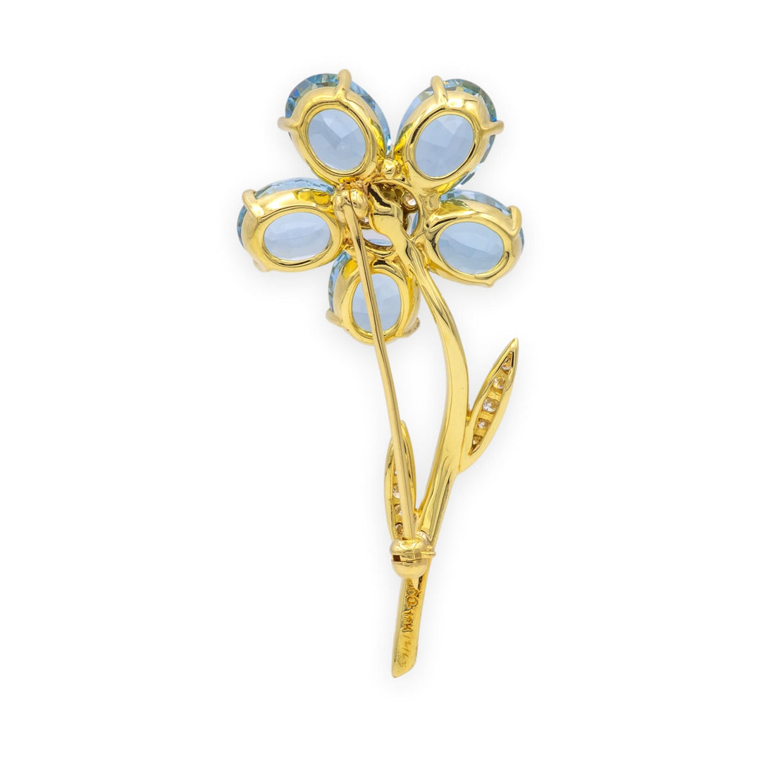 Vintage Tiffany & Co 18K Yellow Gold Aquamarine + Diamond Flower Brooch Ca. 1980