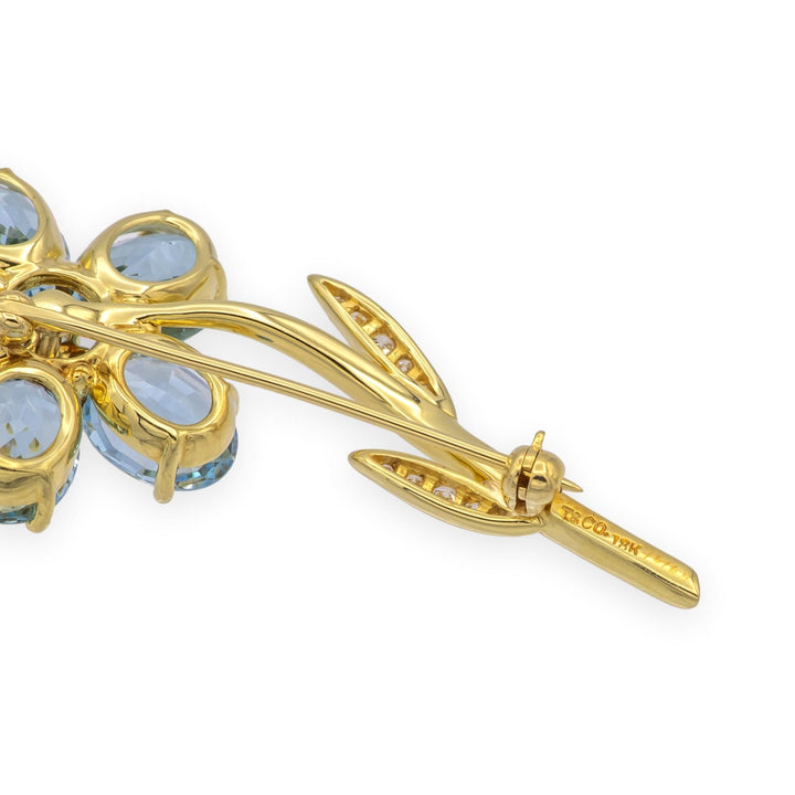 Vintage Tiffany & Co 18K Yellow Gold Aquamarine + Diamond Flower Brooch Ca. 1980