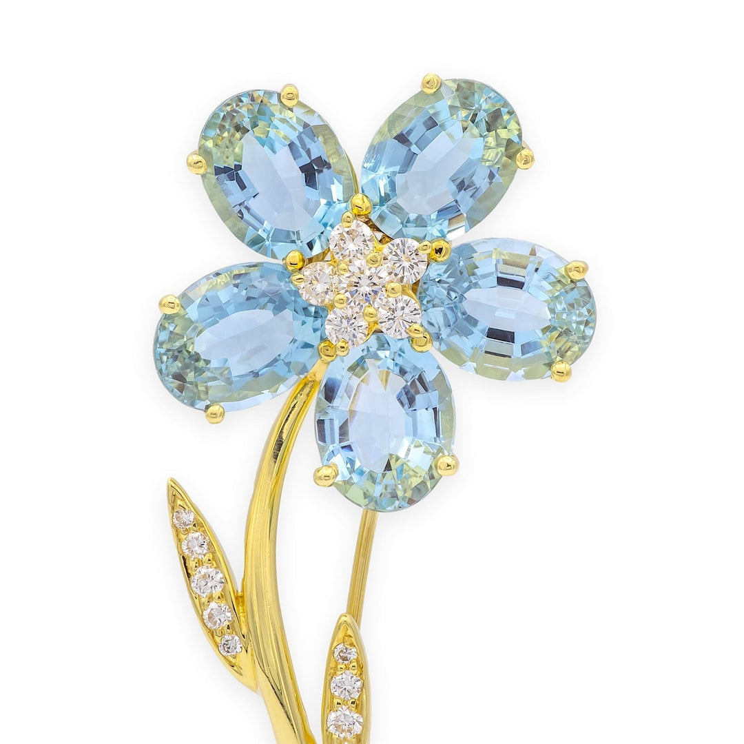 Vintage Tiffany & Co 18K Yellow Gold Aquamarine + Diamond Flower Brooch Ca. 1980