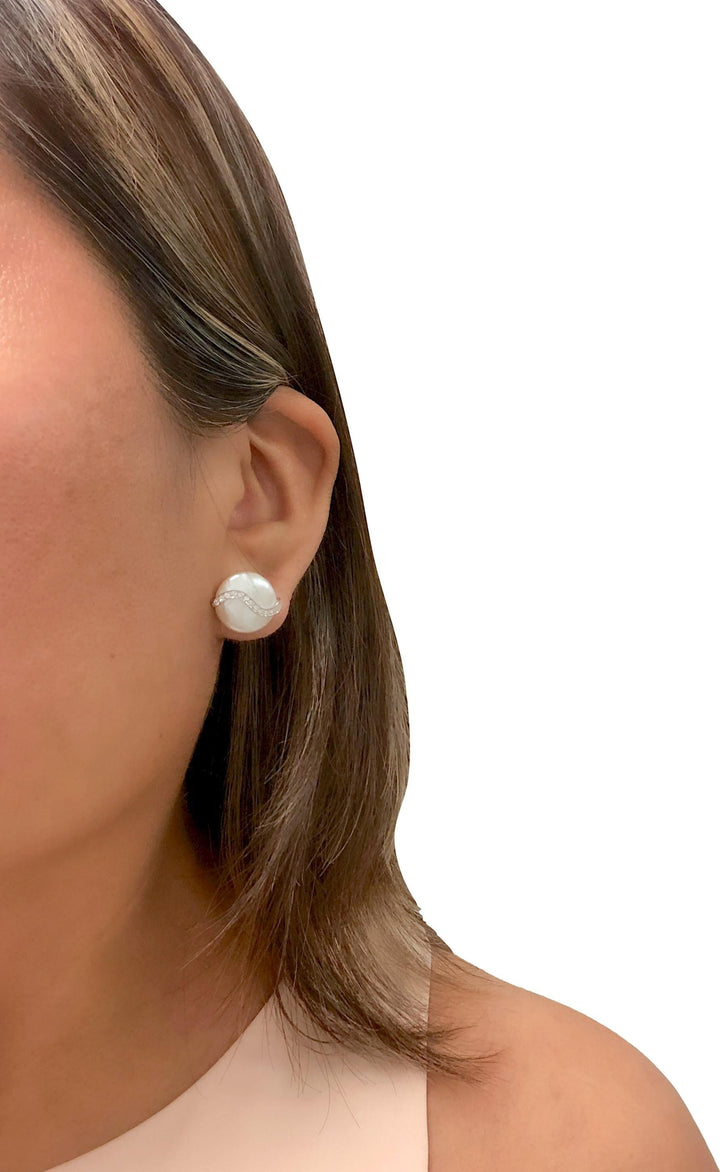 Vintage Yvel Biwa Coin Pearl Earrings  18K White Gold + Diamonds, 14.5mm Pearls