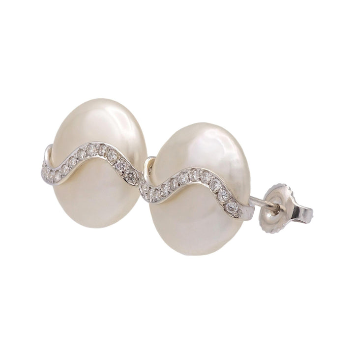 Vintage Yvel Biwa Coin Pearl Earrings  18K White Gold + Diamonds, 14.5mm Pearls