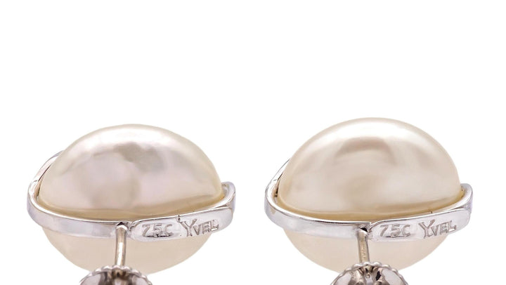 Vintage Yvel Biwa Coin Pearl Earrings  18K White Gold + Diamonds, 14.5mm Pearls
