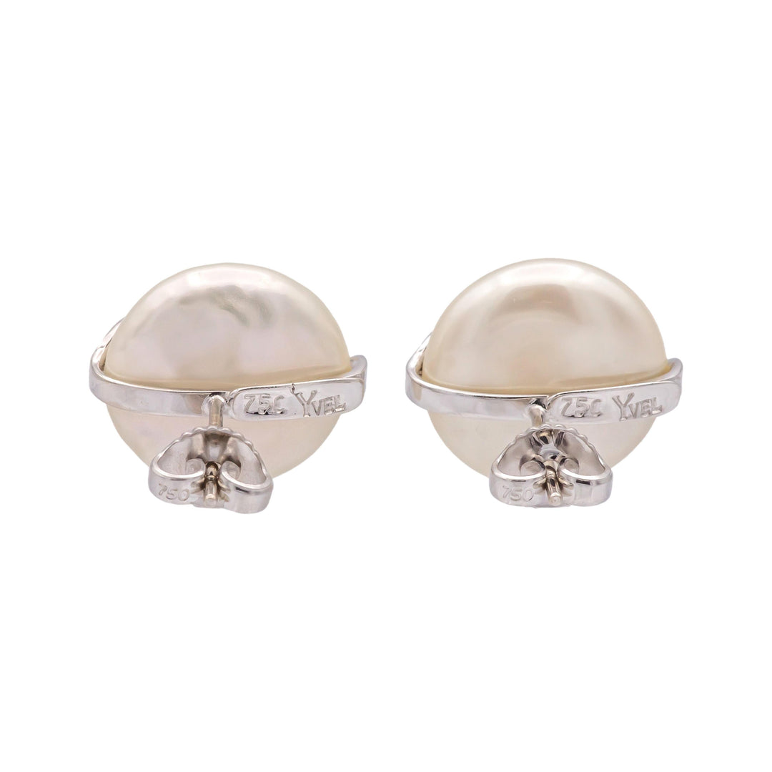 Vintage Yvel Biwa Coin Pearl Earrings  18K White Gold + Diamonds, 14.5mm Pearls