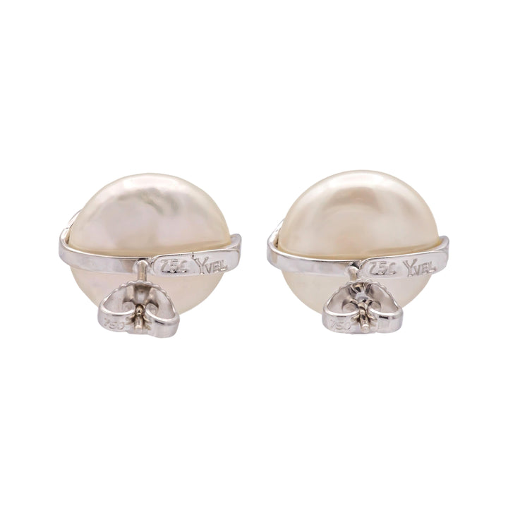 Vintage Yvel Biwa Coin Pearl Earrings  18K White Gold + Diamonds, 14.5mm Pearls