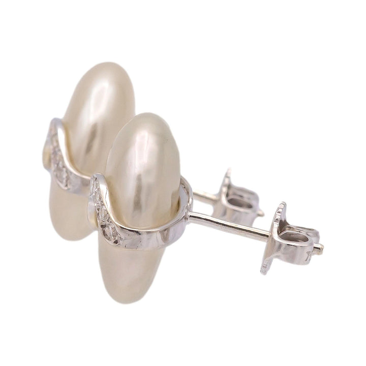 Vintage Yvel Biwa Coin Pearl Earrings  18K White Gold + Diamonds, 14.5mm Pearls