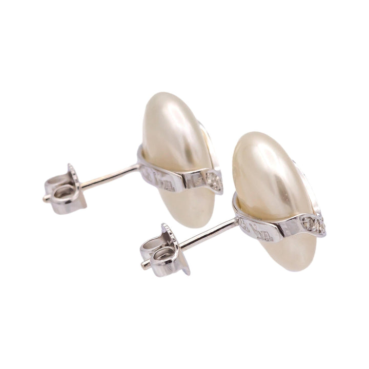 Vintage Yvel Biwa Coin Pearl Earrings  18K White Gold + Diamonds, 14.5mm Pearls