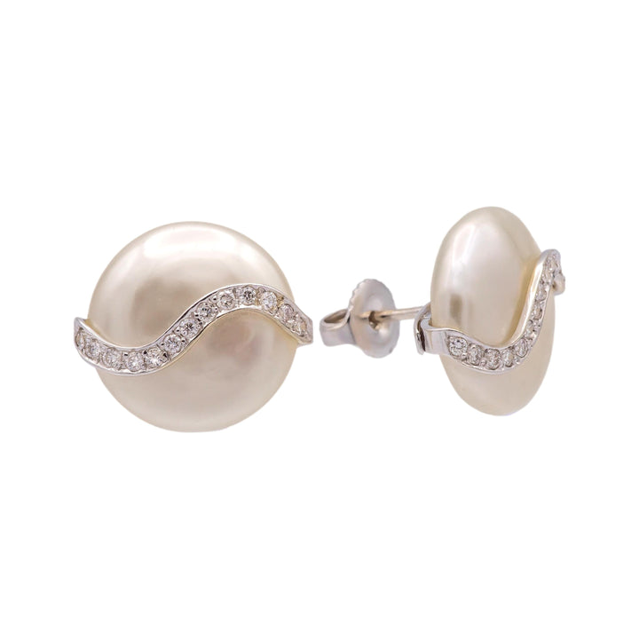 Vintage Yvel Biwa Coin Pearl Earrings  18K White Gold + Diamonds, 14.5mm Pearls