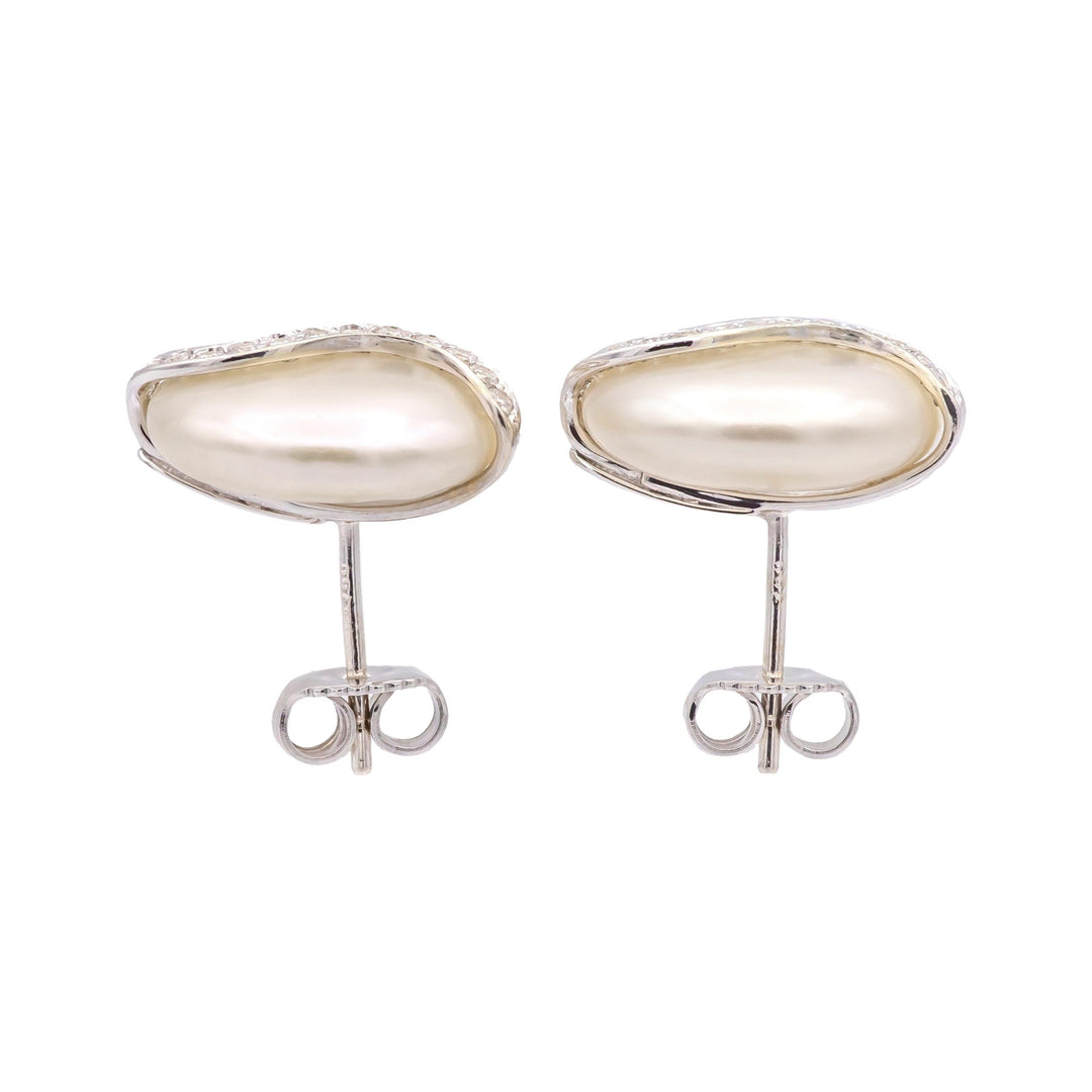 Vintage Yvel Biwa Coin Pearl Earrings  18K White Gold + Diamonds, 14.5mm Pearls