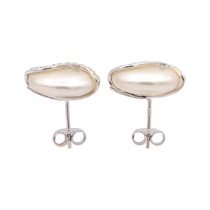 Vintage Yvel Biwa Coin Pearl Earrings  18K White Gold + Diamonds, 14.5mm Pearls
