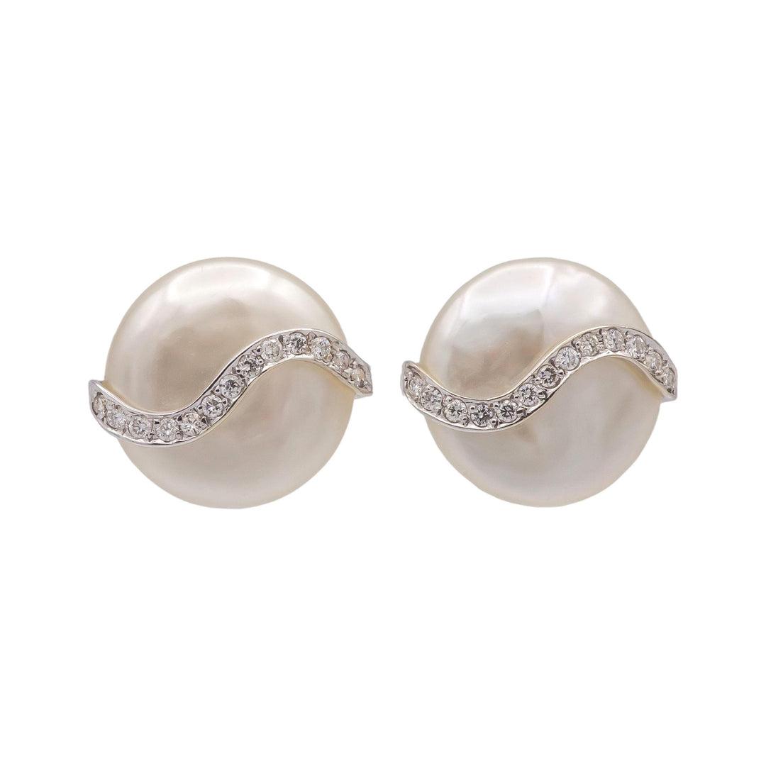 Vintage Yvel Biwa Coin Pearl Earrings  18K White Gold + Diamonds, 14.5mm Pearls