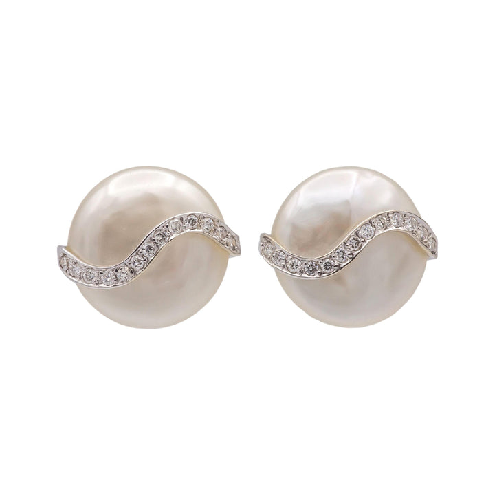 Vintage Yvel Biwa Coin Pearl Earrings  18K White Gold + Diamonds, 14.5mm Pearls