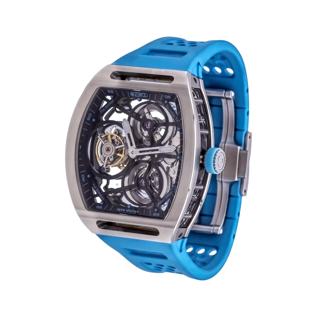 ZEROO T4 The Archer Blue Silver Steel Full Skeleton Tourbillon Watch NEW