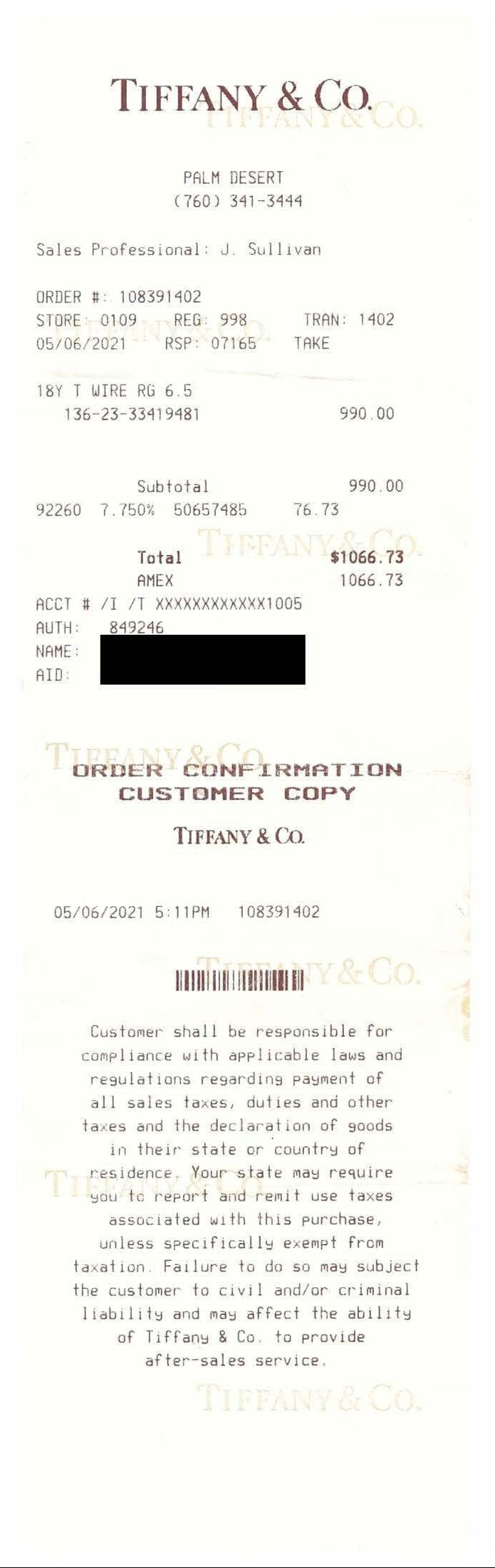 Tiffany & Co. 18K Yellow Gold T Wire Ring Size 6.5 with receipt