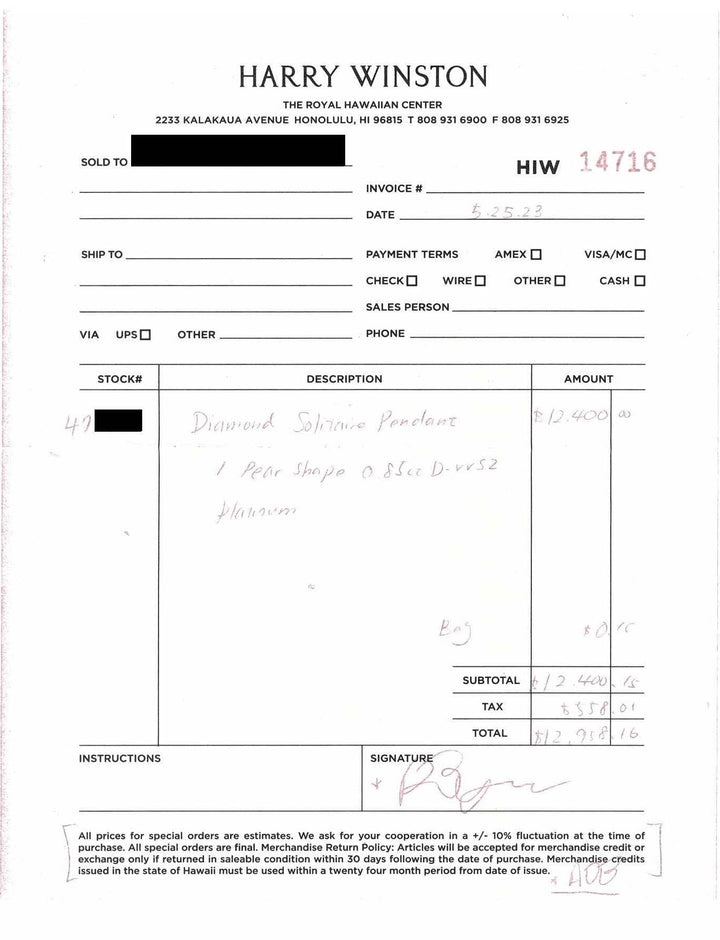 Harry Winston Platinum Pear Shape Diamond Solitaire Pendant Necklace .85ct DVVS2