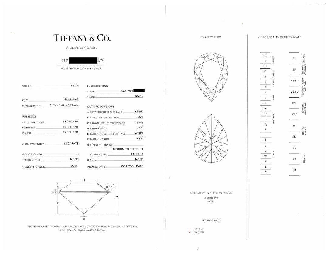 Tiffany & Co. Platinum 1.13 ct F VVS2 Pear Shape Diamond Soleste Engagement Ring