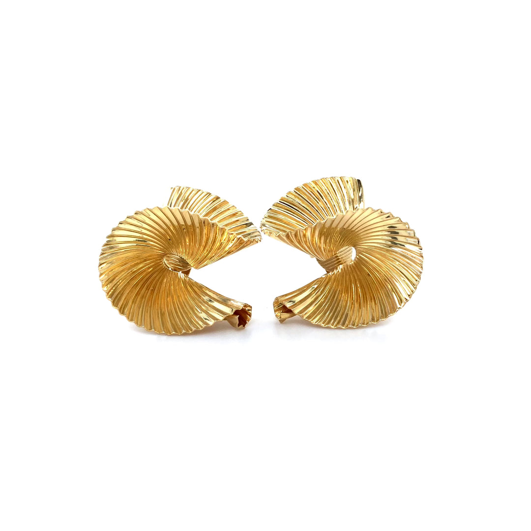 Vintage 18K Yellow Gold Swirl Fan Earrings 1950's