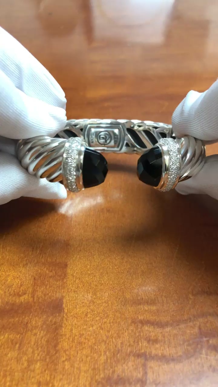 David Yurman Waverly Sterling Silver Cable Cuff, Onyx and Diamond, 15mm, Med