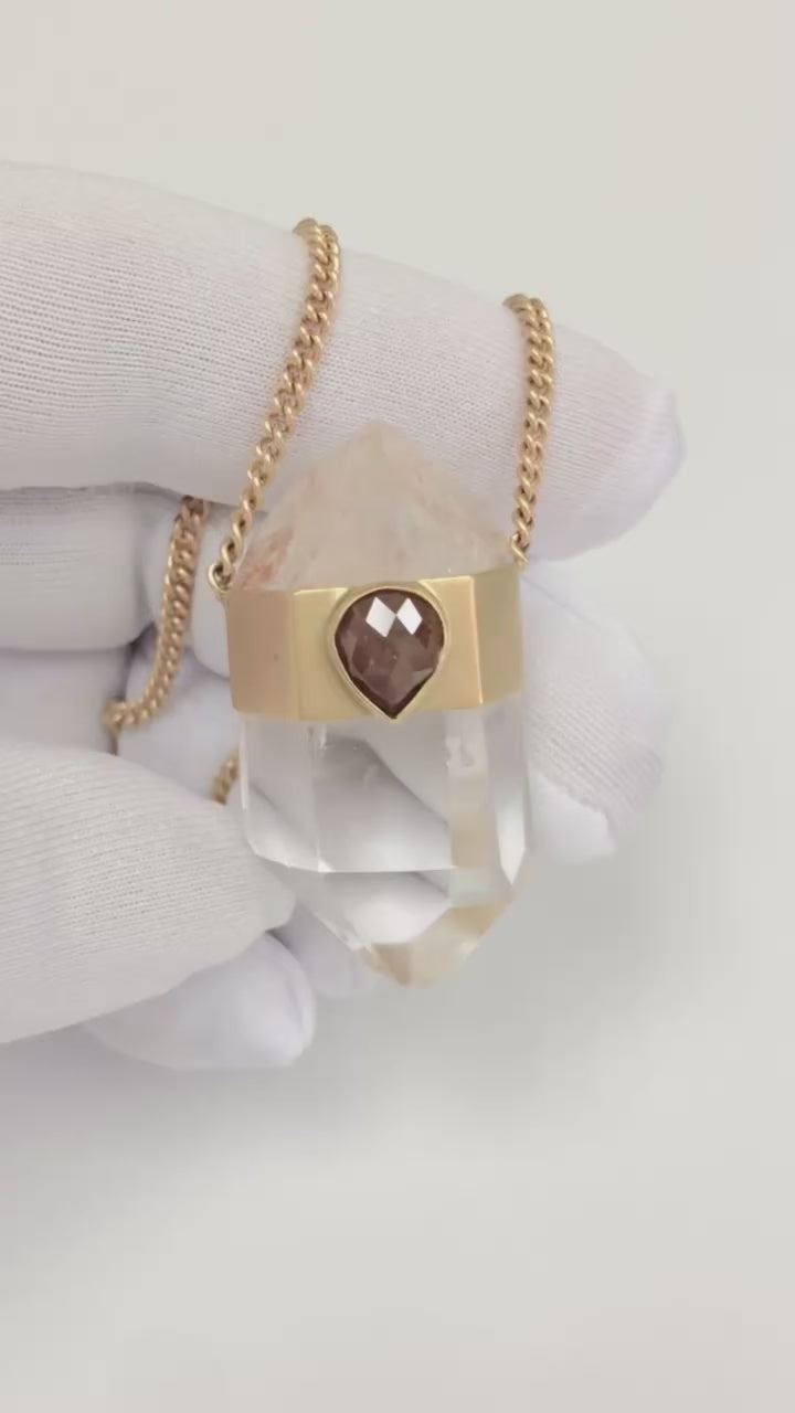 Jacquie Aiche 14K Gold Clear Quartz Pendant Necklace Tear Drop Rose Cut Diamond