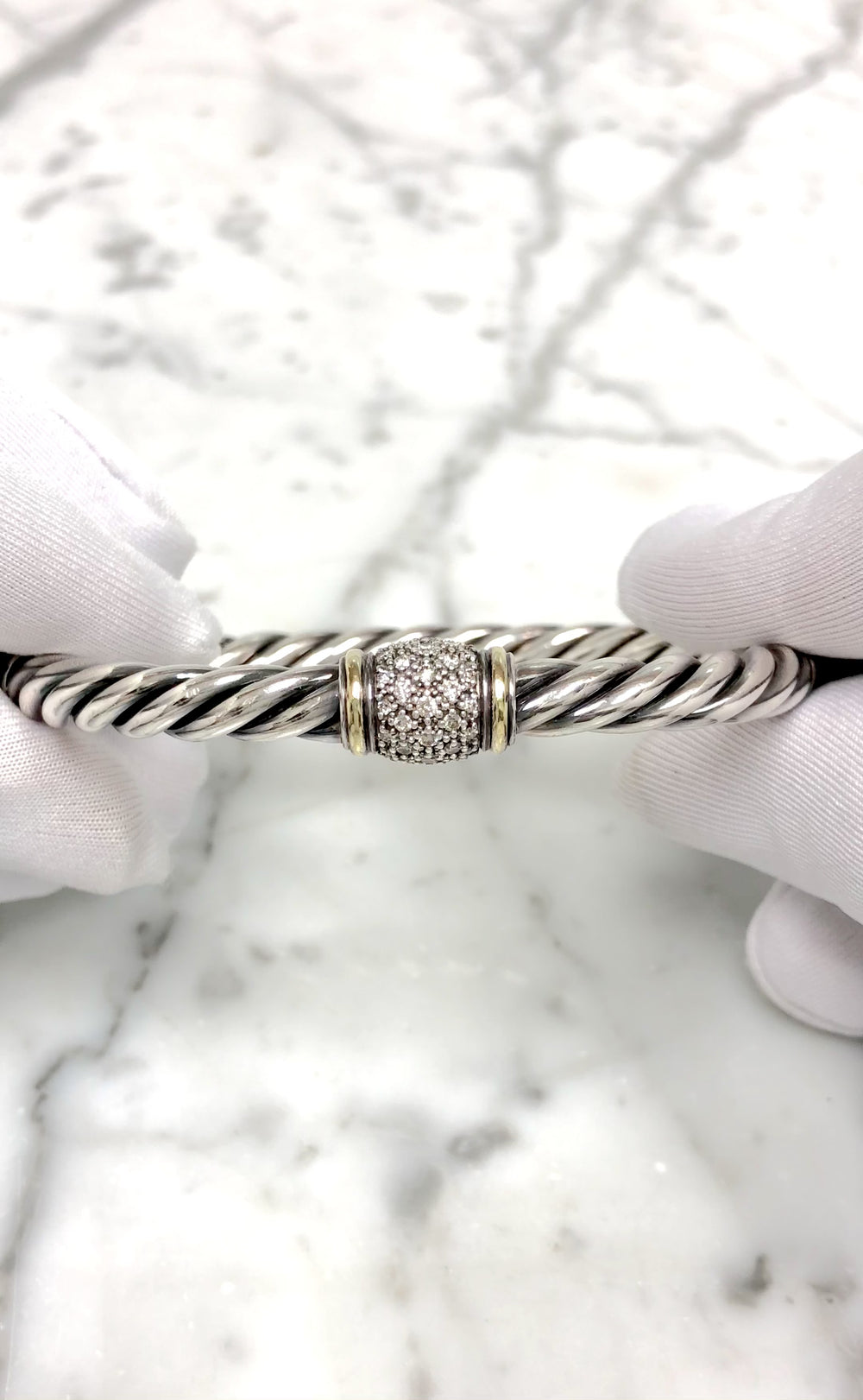 David Yurman Metro Silver 18K Cable Pavé Diamond Station Bracelet 6mm - Small