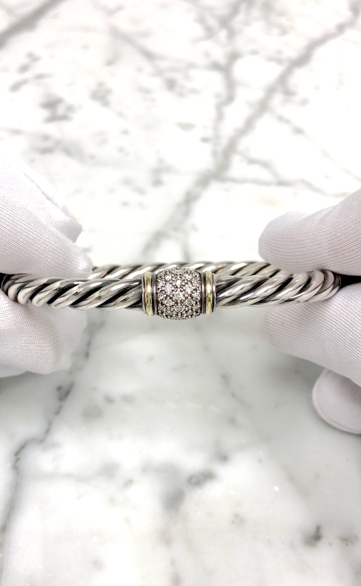 David Yurman Metro Silver 18K Cable Pavé Diamond Station Bracelet 6mm - Small