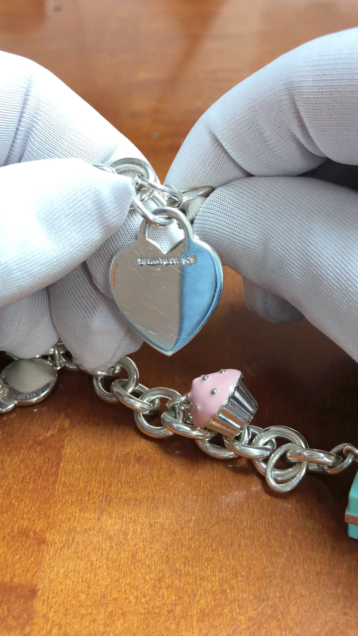 Tiffany & Co. 5 Charm Bracelet: Heart Tag, Teddy Bear, Cupcake, Gift Box, Pop